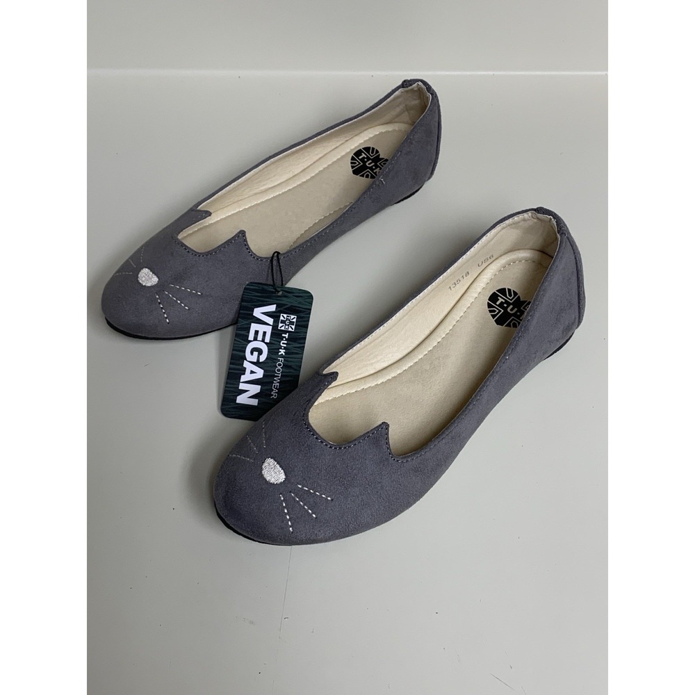 T.U.K. Grey Sophistakitty Flats Vegan PETA Approved W 6 Embroidered Cat Kitten